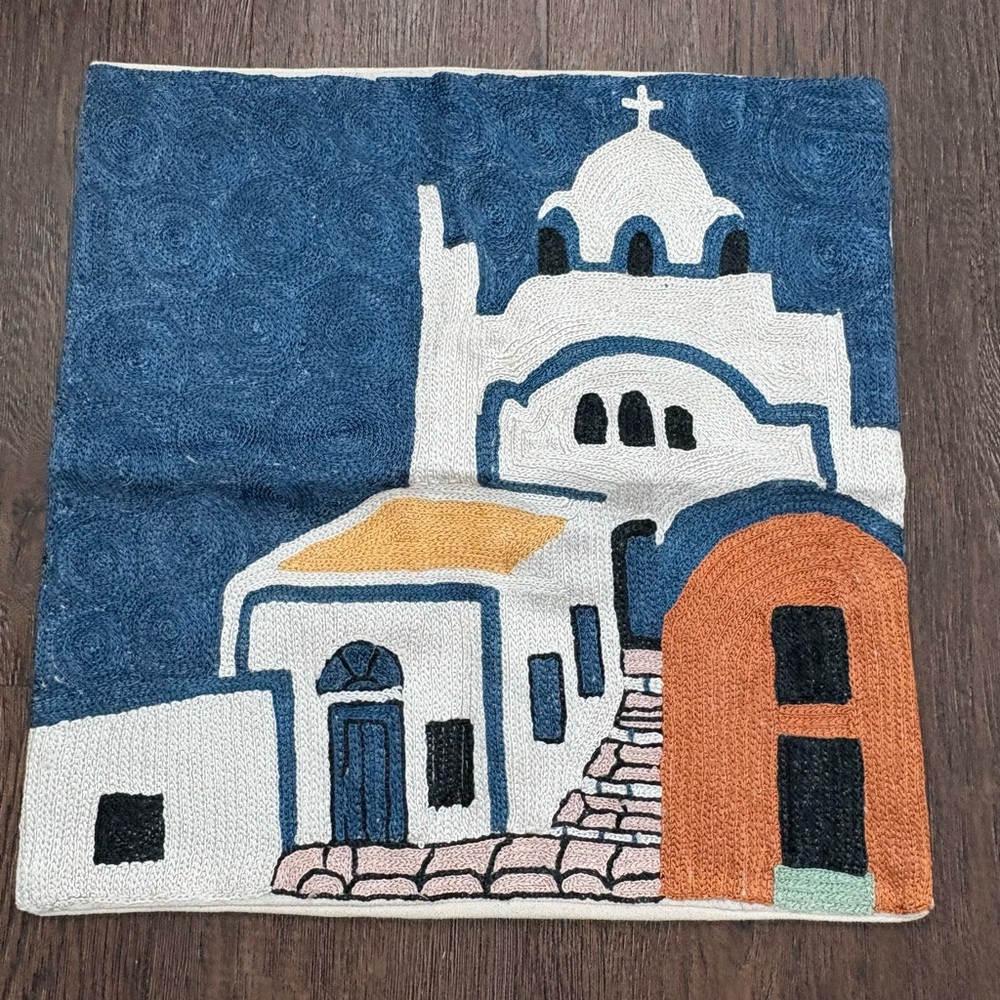 Vintage Greek Original Needlepoint Embroidery Pillow w/Canvas Backing Santorini